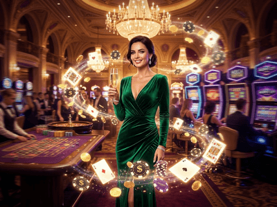 Luxury online casino gaming lobby with slot machines and neon lights
